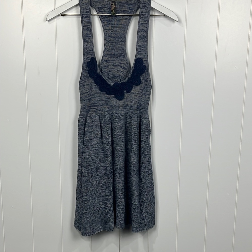 Free People Womens Tunic/Mini  XS/S Heather Blue Racer Back Crochet Details Knit